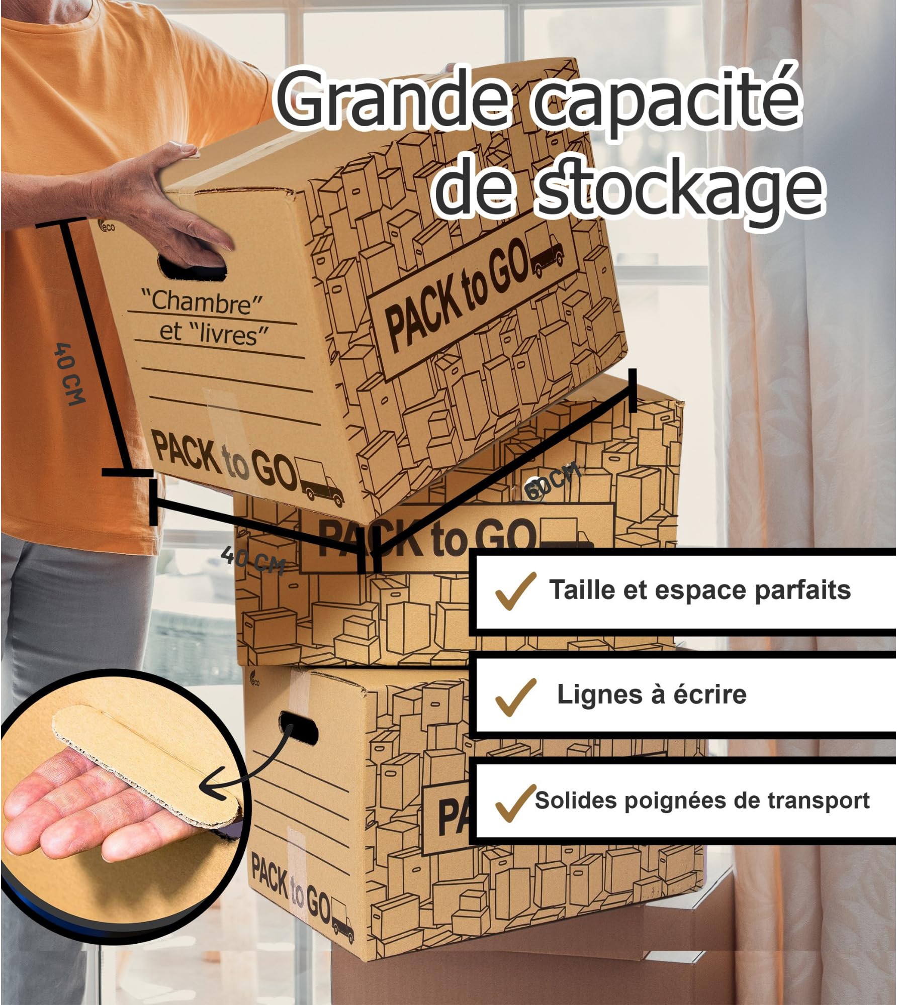 Carton demenagement grand format 60 x 40 x 40 cm, lot de 10, avec poignées, carton renforcé, emballage colis, stockage (Lot de 10 boîtes de 60 x 40 x 40 cm)