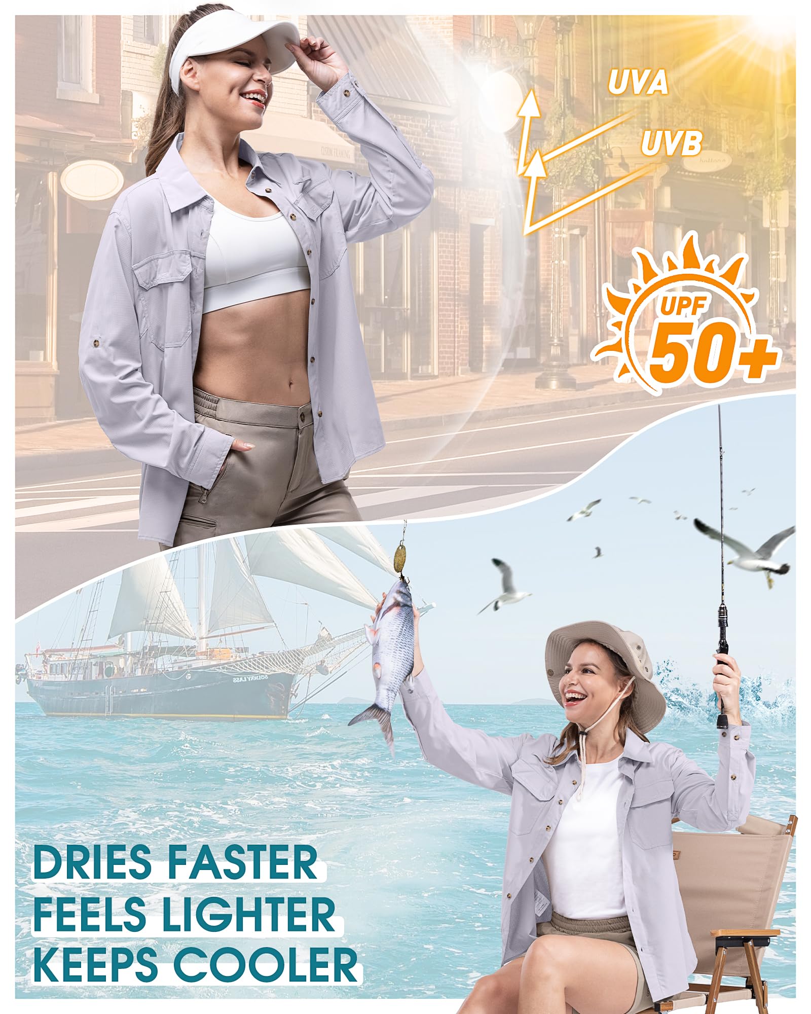 33,000ft Camicia da donna UPF50+, protezione UV, ad asciugatura rapida, per il tempo libero, a maniche lunghe, funzionale, per pesca, safari, viaggi, golf