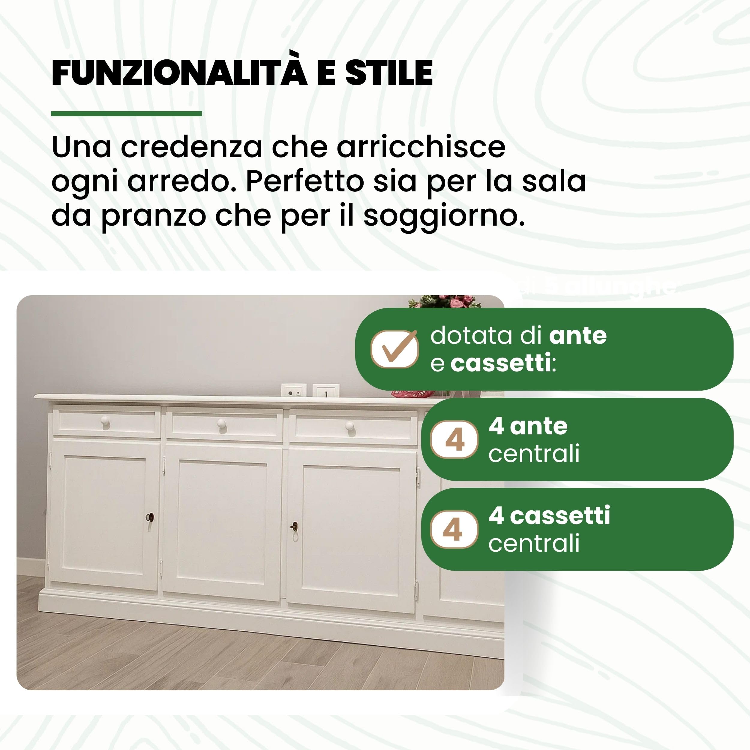 Mar.c.a. Design - Credenza Arte Povera in Legno 205x42x86 cm con 4 Ante e 4 Cassetti - Madia Legno Made in Italy