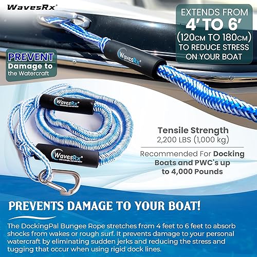 Miniatura 3 de WAVESRX DockingPal - Línea de muelle elástica prémium de 4 pies a 5.5 pies (2 unidades)  Cuerda de amarre elástica que se estira para absorber