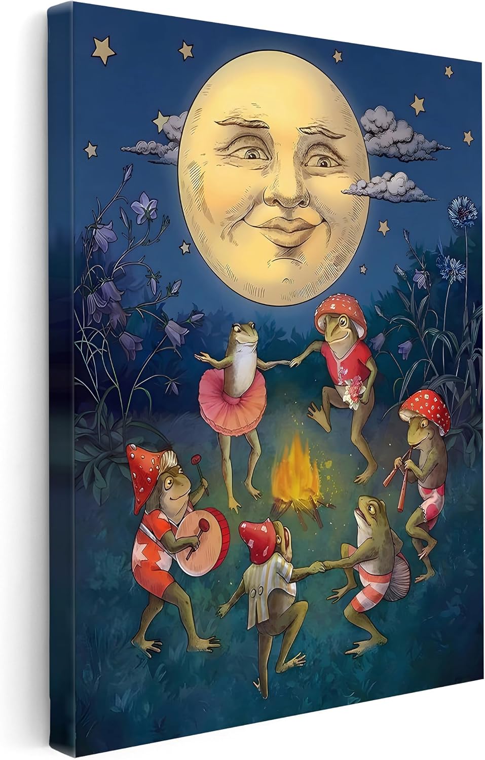 Poster Master Dancing Frogs Canvas - Retro Moon Print - Mushroom Art - Bonfire Art - Gift for Kids & Children - Decor for Bedroom, Living Room or Nursery - Available in 8x10 to 30x40