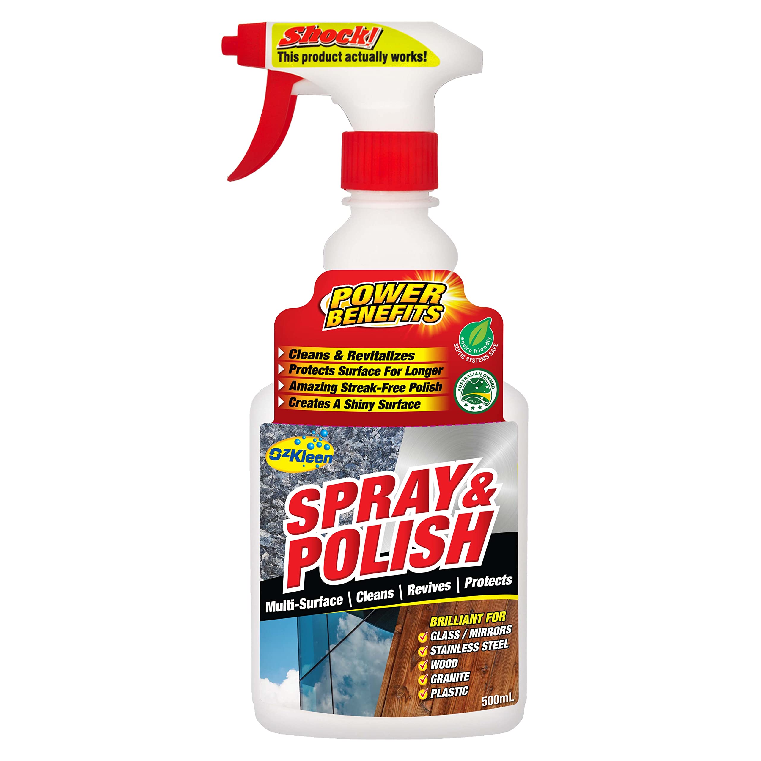 OzKleen Spray & Polish 500mL, Multi-Surface Polish & Cleaner, Perfect For Glass, Mirrors, Stainless Steel, Wood, Granite & Plastic, Surface Cleaner Trigger Spray