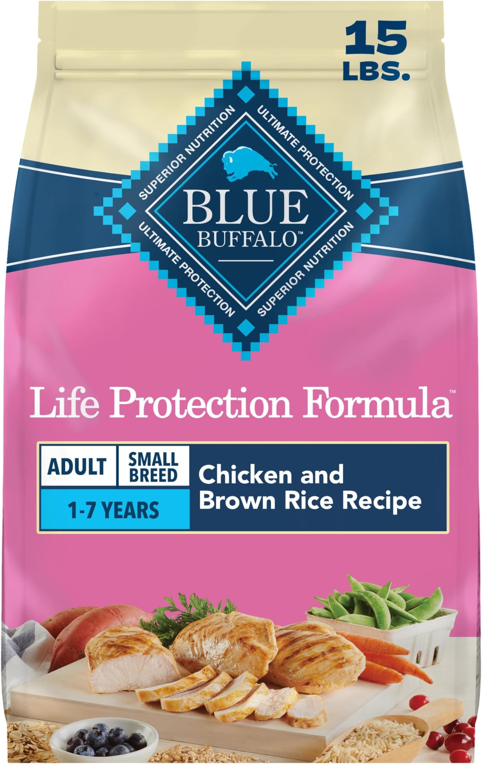 Blue Buffalo Life Protection Formula Chicken & Brown Rice Small Breed Adult Dry Dog Food, Supports Immunity with Antioxidant-Rich LifeSource Bits, Promotes Healthy Muscles, Skin & Coat Health, 15 lbs.