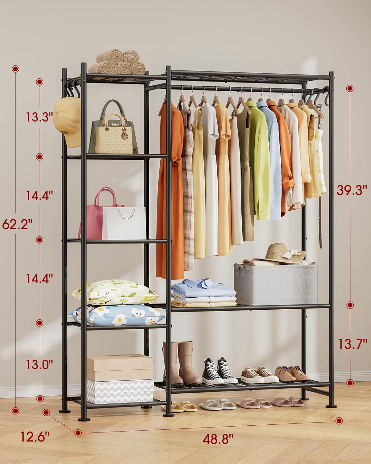 Closet Organizers and Storage - Free-Standing Clothes Rack with Leveling Feet & Wall-Anchor Straps, Wardrobe Closet with 6 Hooks for Bedroom, Living Room, Laundry, 48.8"×12.6"×62.2", Black Black 48.8"×12.6"×62.2"
