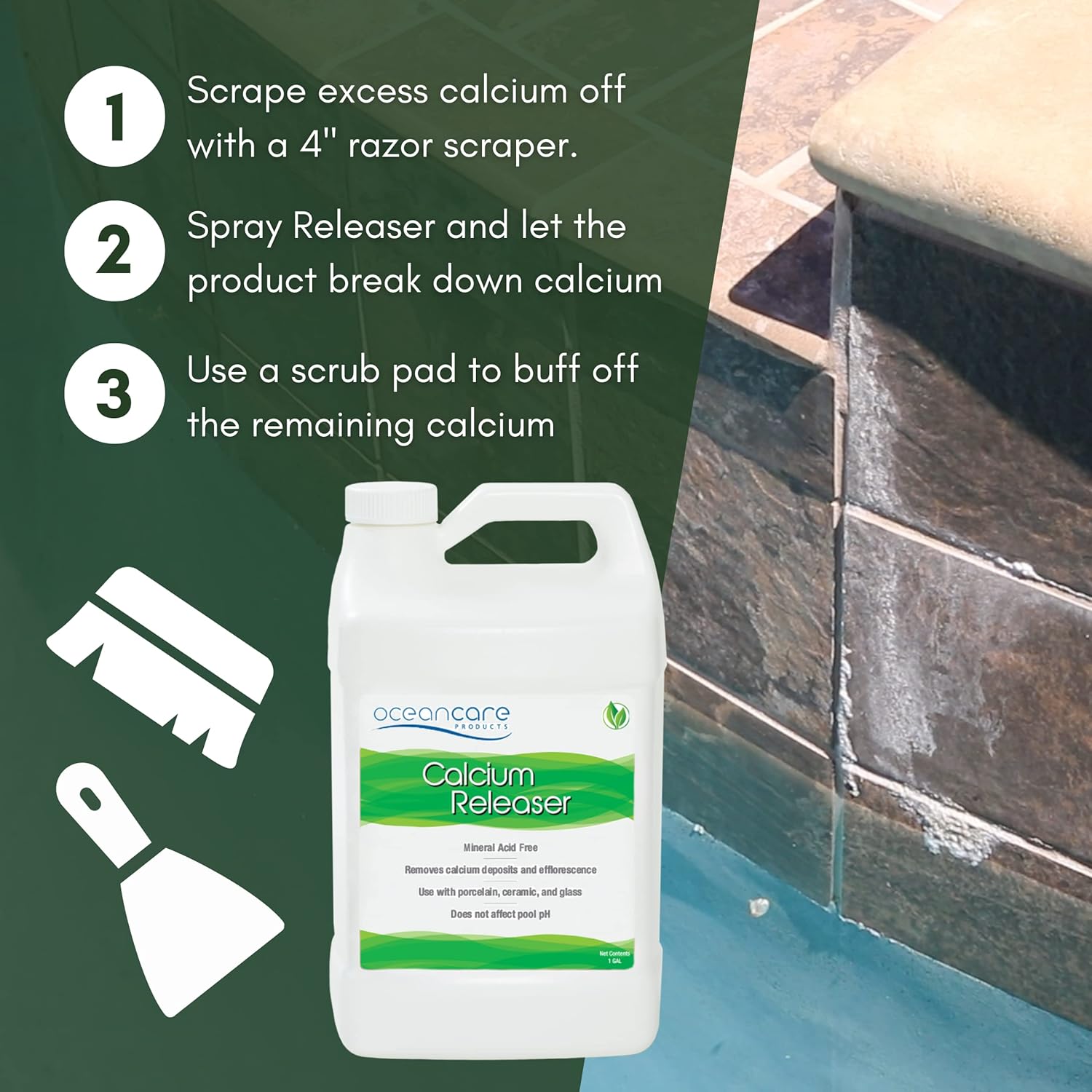 Oceancare Products - Calcium Releaser - Gallon (Cleans up to 300 Square Feet) - Pool Tile Cleaner Calcium Remover, Safe on Glass, Porcelain, & Ceramic Surfaces - Calcium Cleaner - Tile & Grout Cleaner