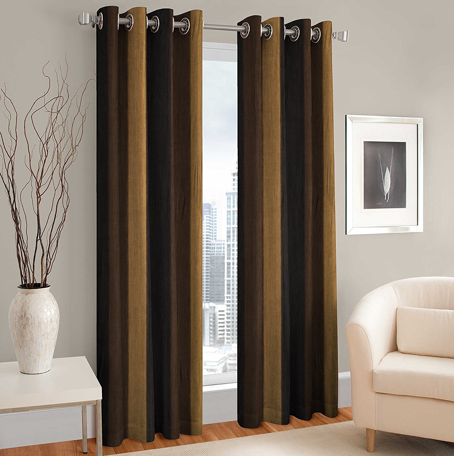 SKIVE India Polyester Blend Long Crush Eyelet Window 6 ft Curtains (Brown) Set of 2