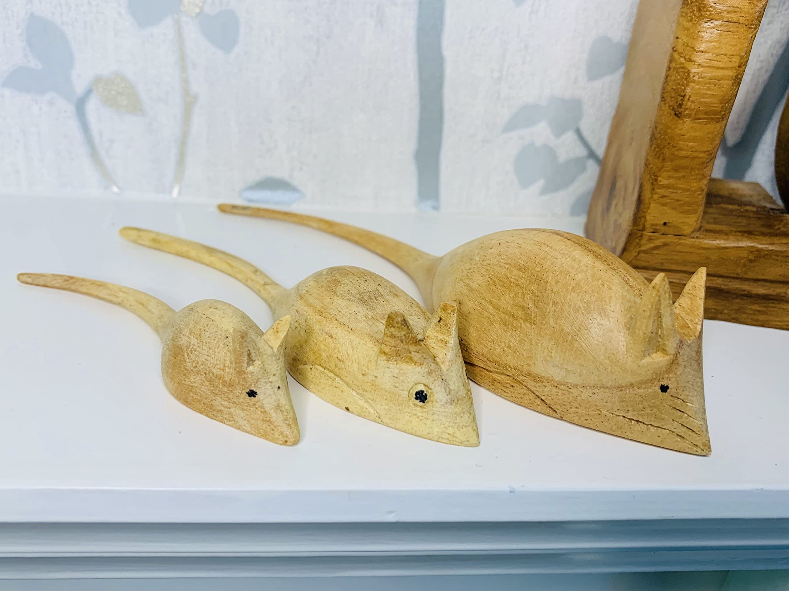 My Family House Natural Mice Statues - Wood - Hand Carved Animal Figurine - Set Of 3