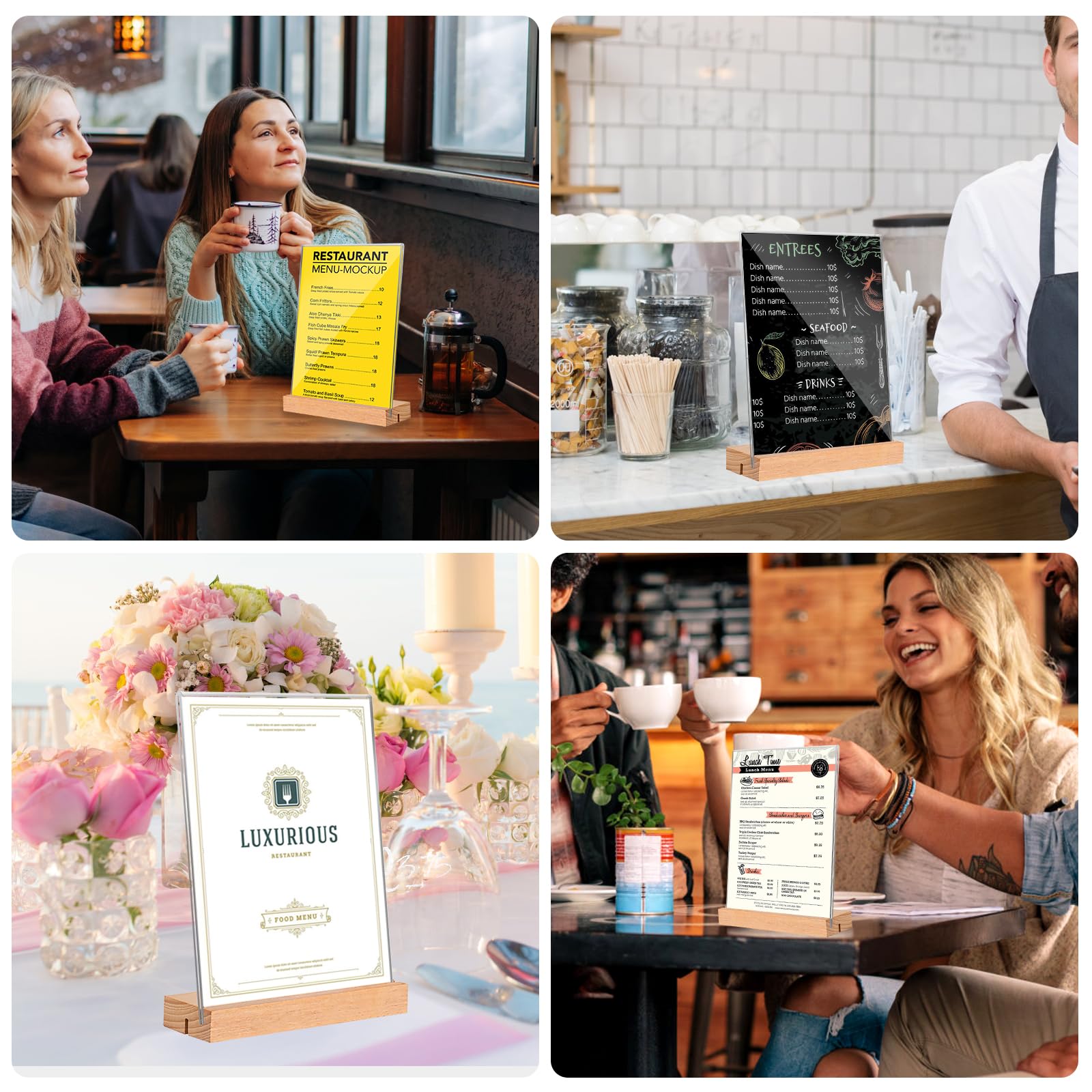 Yoosso Espositore Da Tavolo, Formato A5, 4 Pezzi, A Forma Di L, Formato A5, In Acrilico, Con Base In Legno, Per Menu, Bar, Ristorante, Negozio, Matrimonio, 21 X 14,3 Cm