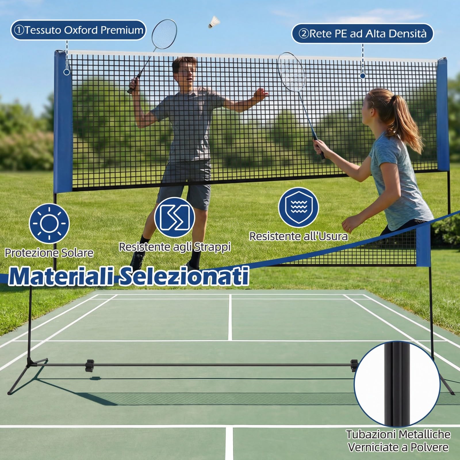 COSTWAY Rete da Badminton 310/420/510 cm Portatile e Regolabile in Altezza, Rete da Badminton con 2 Volani, Tappi per Piedi, Morsetti e Borsa, per Pallavolo e Pickleball