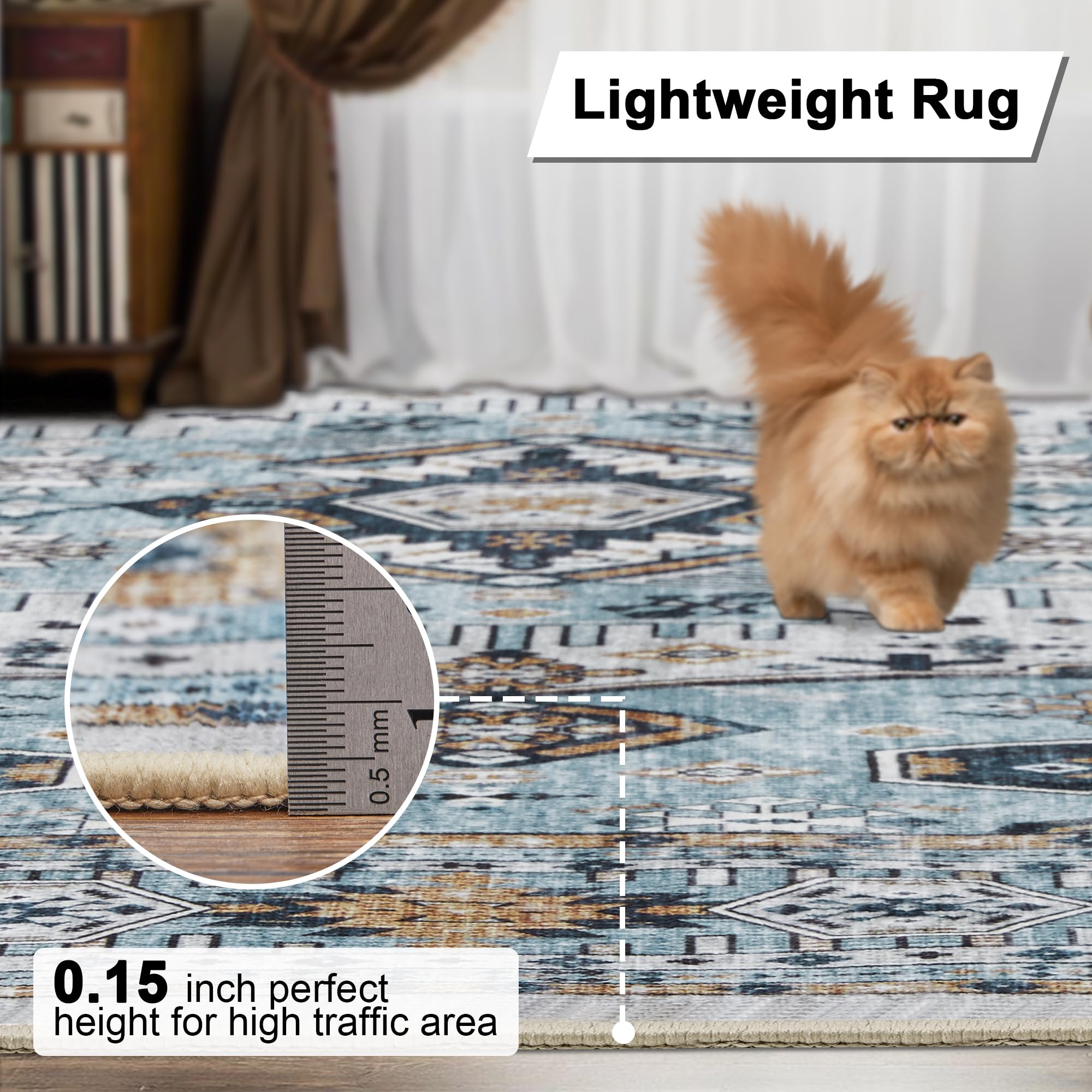 Washable Rug Living Room Rugs: 5x7 Area Rug Large Boho Medallion Distressed Carpets Indoor Soft Floor Anti Slip Carpet for Under Dining Table Bedroom Farmhouse Home Office - Cyan Blue/Beige