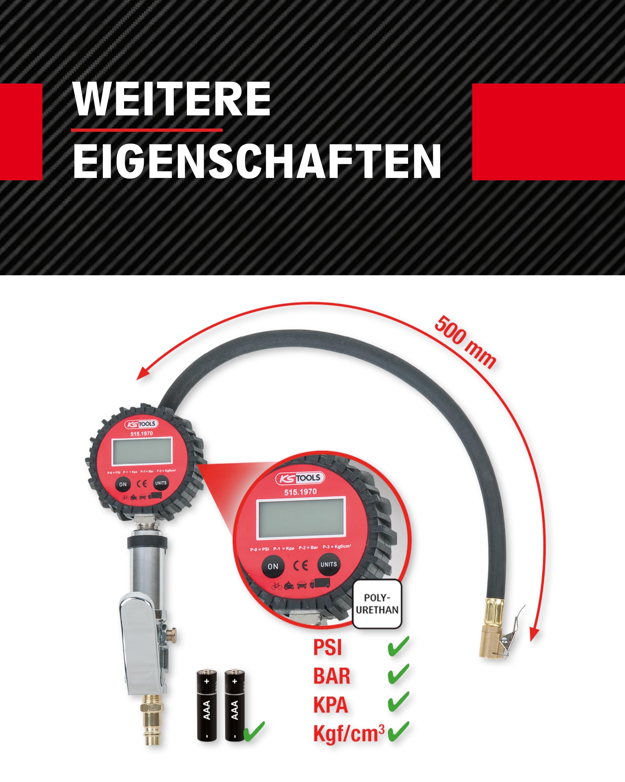 KS Tools 515.1970 Digitaler Druckluft-Reifenfüllmesser,0-14bar rot