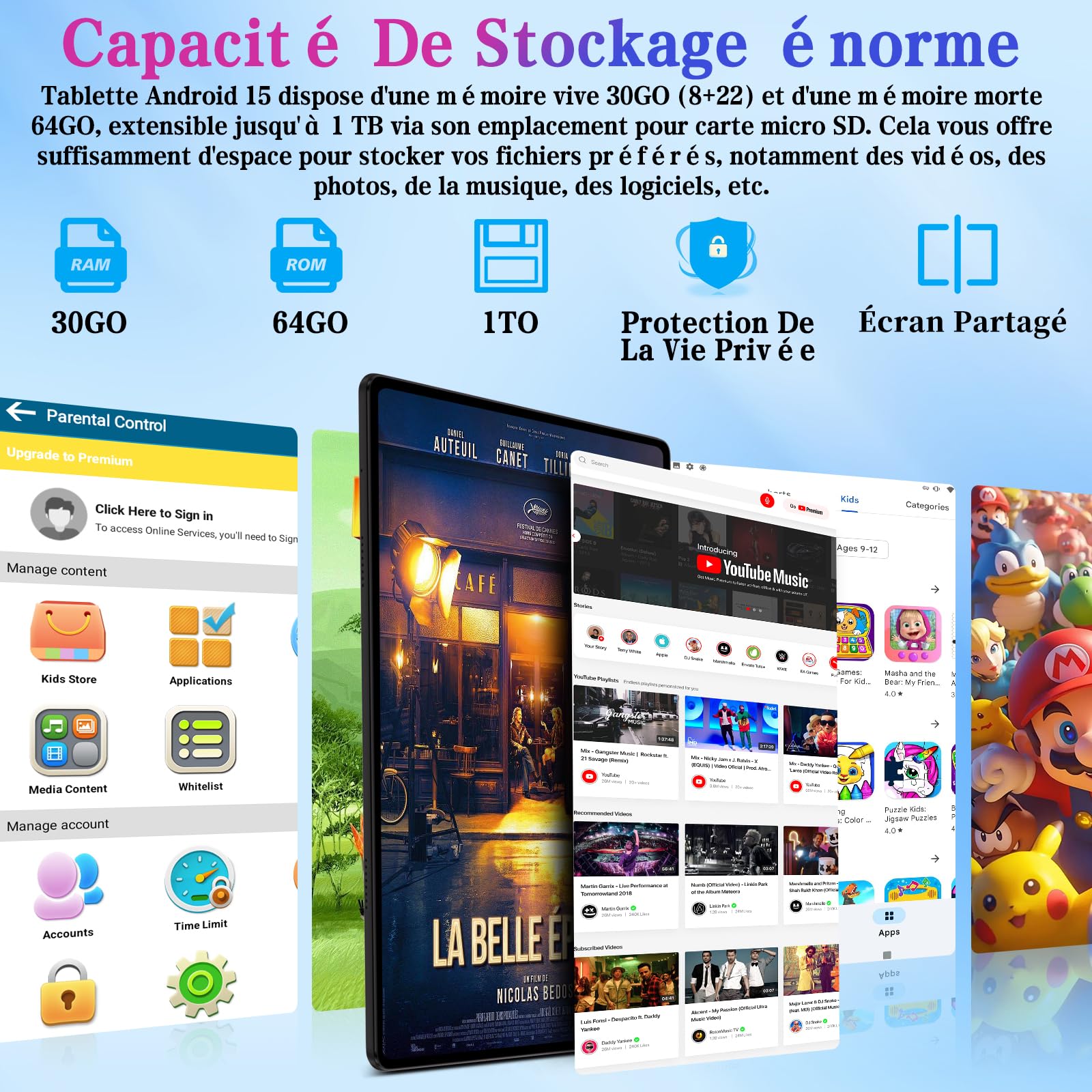 ZIOVO Tablet Bambini 10 Pollici Tablets Android 15, 30GB RAM+64GB ROM(TF 2TB), 5G WiFi Tablets,Gemini AI/Octa-Core/Widevine L1/Face ID/Parentale Controllo/6000 mAh/BT 5.0, Tablet con Eva Caso-Blu