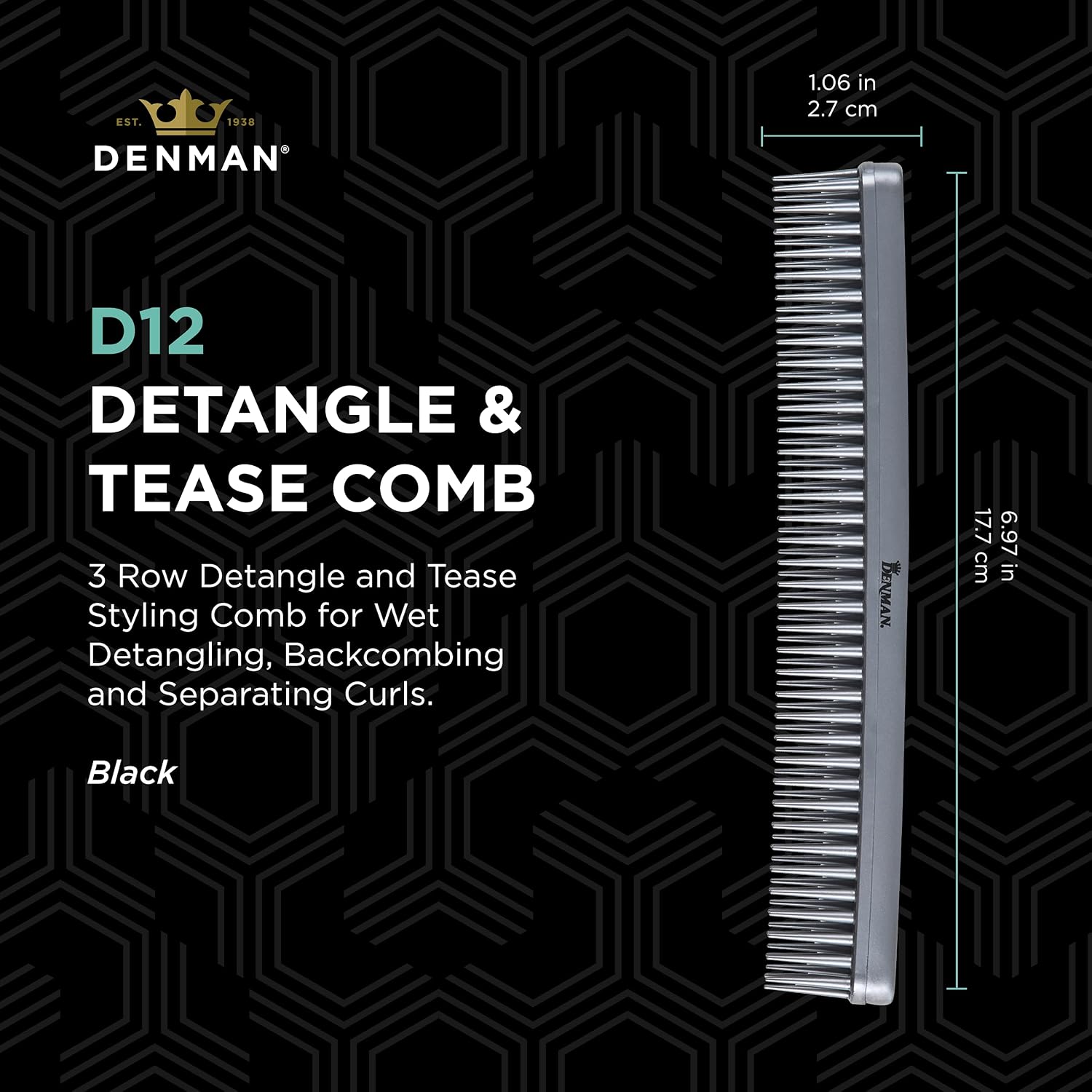 Denman 3 Row Detangle and Tease Styling Comb (SILVER) for Wet Detangling, Backcombing and Separating Curls - D12