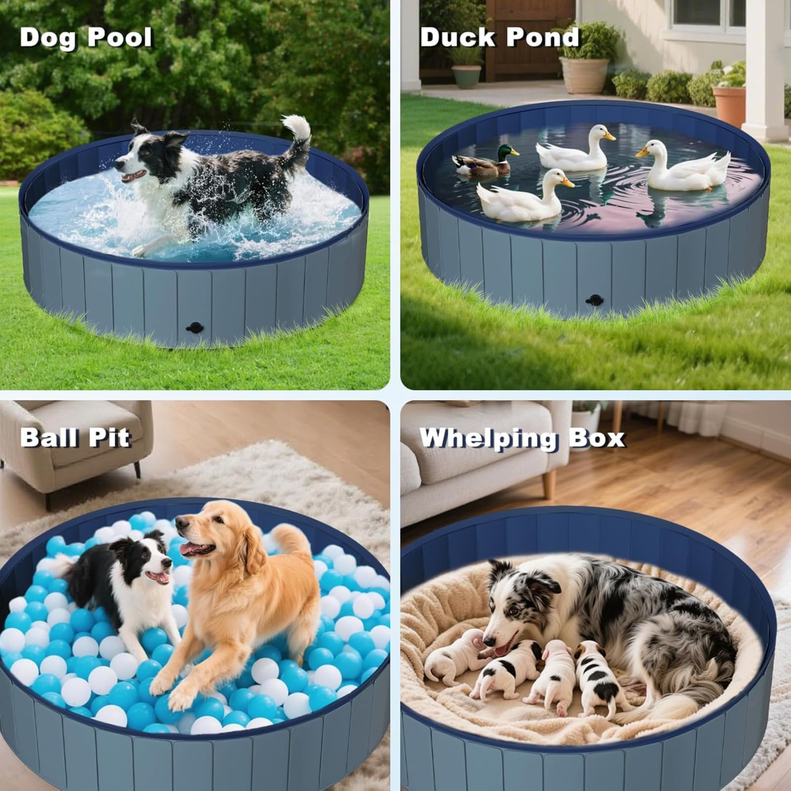 Piscina de perro grande portátil gris, bañera de plástico duro plegable con base antideslizante.Caja de Whelping de 63 pulgadas de ancho y pozo de bola.Bañera plegable al aire libre para mascotas en e