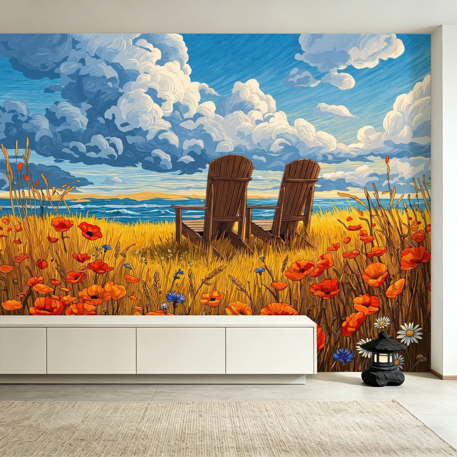 Kreskówka sielankowa fototapeta - 250 x 175 cm (szer. x wys.) fototapeta - trawa plażowa drewniane krzesło dekoracyjna tapeta do salonu, sypialni, biura i kuchni