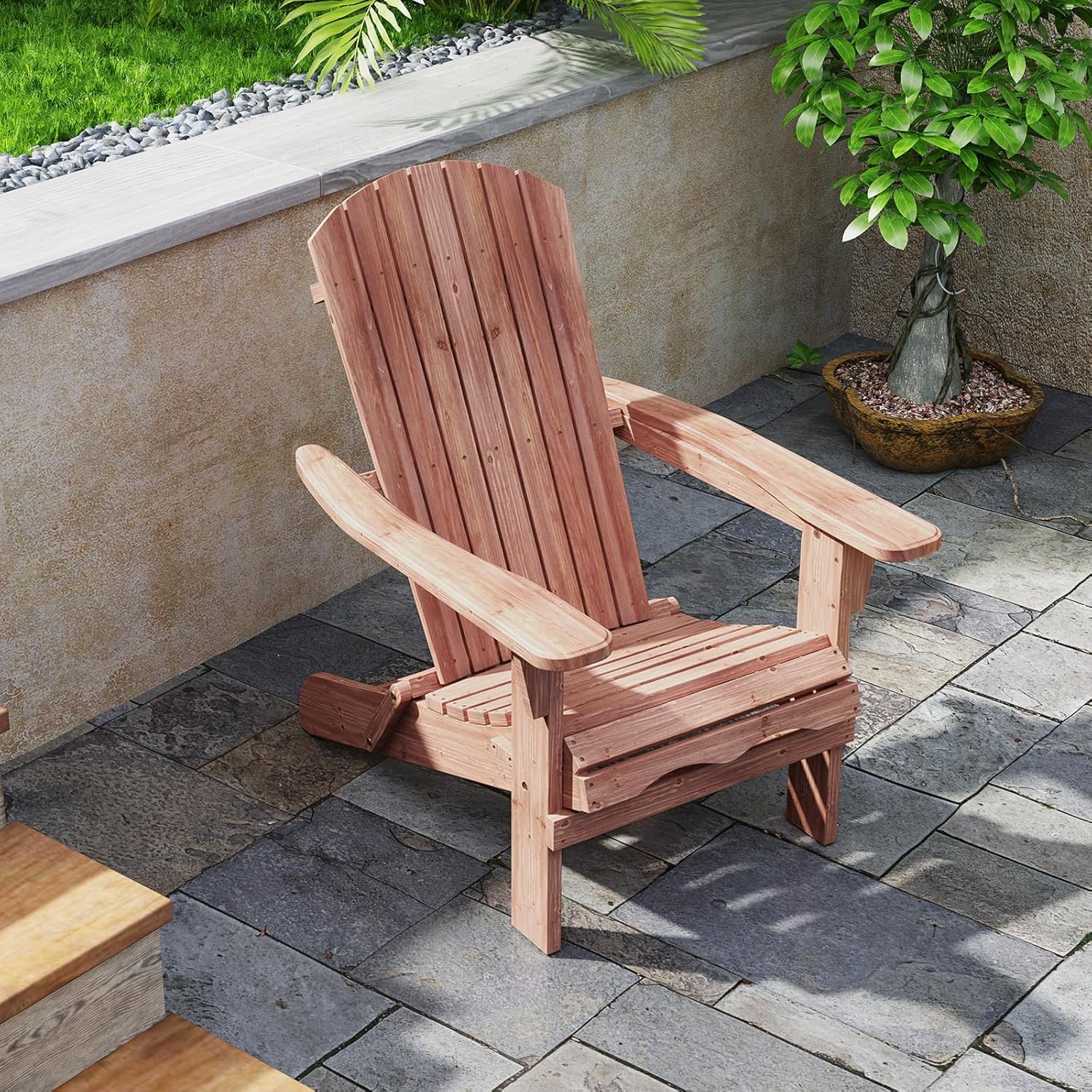 GIANTEX Juego de 1/2 Sillas Adirondack Plegables, Tumbona de Exterior con Estructura de Madera de Abeto, Respaldo Alto y Reposabrazos, Carga hasta 180 kg, Sillas para Patio, Jardín (1, Natural)