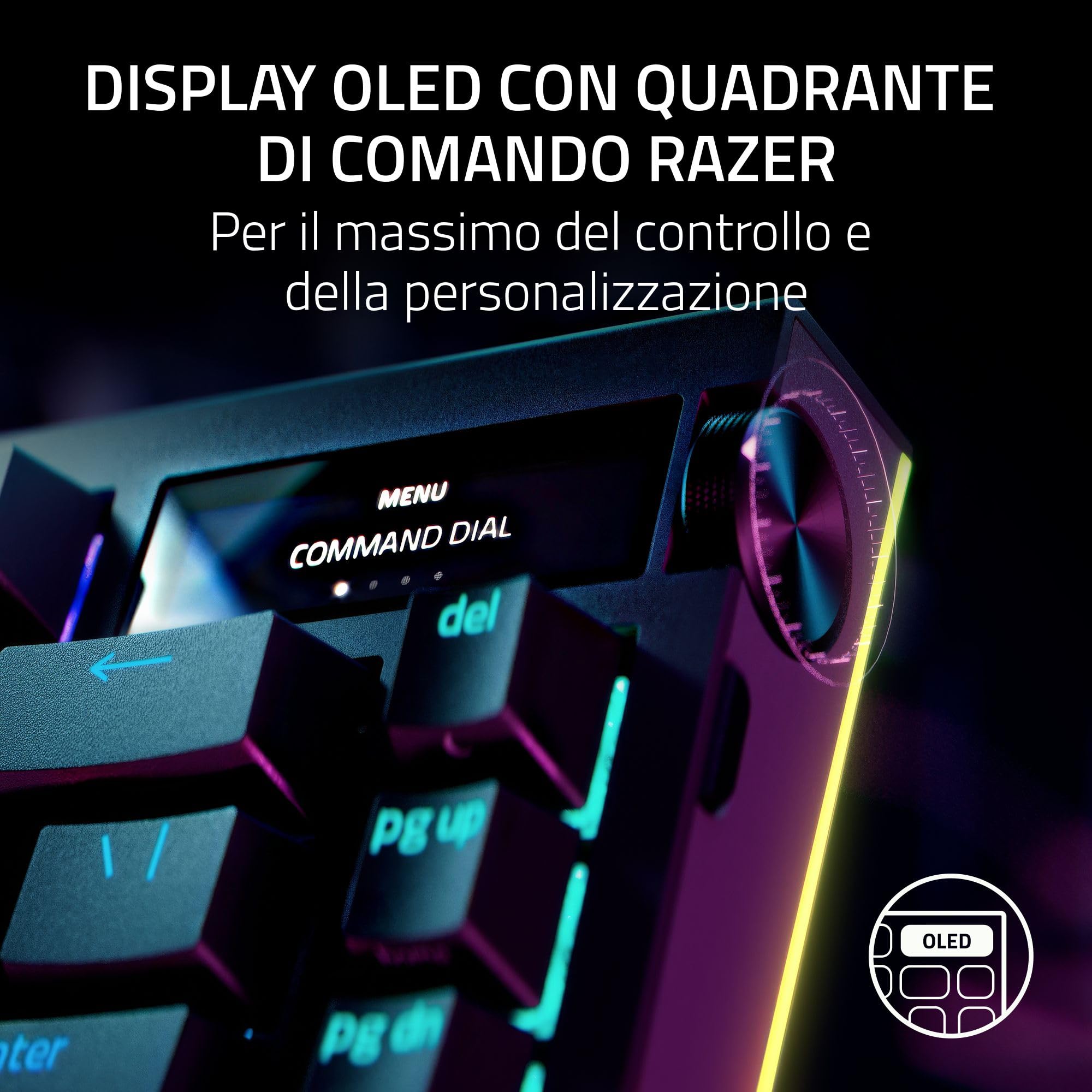 Razer BlackWidow V4 Pro 75% - Tastiera da gioco wireless sostituibile a caldo - Display OLED (ghiera dei comandi, 4K Hz e connettività Bluetooth, poggiapolsi magnetico) Layout US ISO | Nero