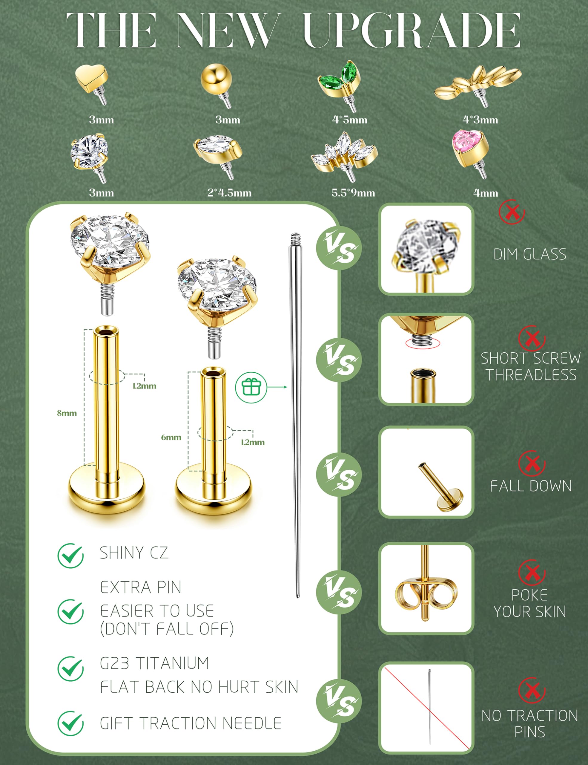 Milacolato G23 Titan Helix piercing złoty/srebrny, tragus, labret, kolczyk do wargi, meduza, gwint wewnętrzny, medyczne kolczyki sztyfty, małe kolczyki na sztyfcie, 6/8 mm
