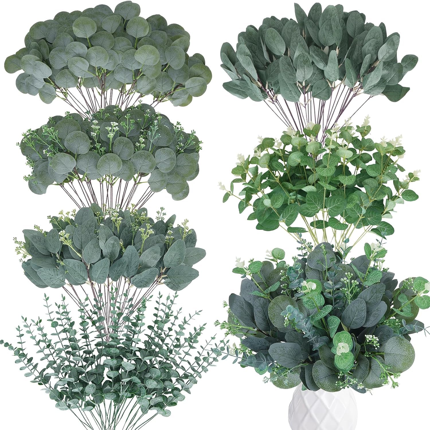 Zythrem 180PCS Piante Finti Eucalipto Foglie Artificiali Deco 6 Stili | Rami Eucalipto Artificialedi Foglie Verdi per Matrimoni, Composizioni Floreali,Feste, Accessori per Decorazione Casa
