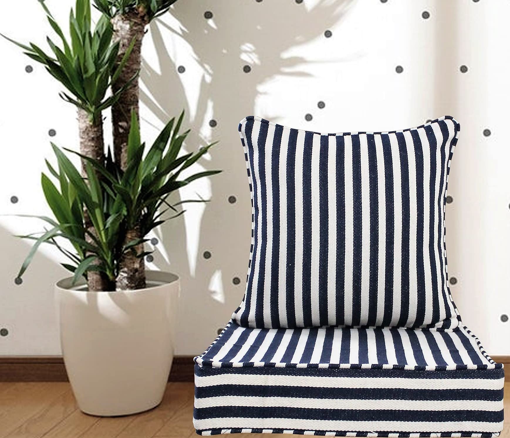 The Furnishers Multipurpose 40x40x8 CM Woven Fashionable High Densitiy Foam Cushion Set for Floor, Patio, Chair and Balcony Garden Seating - Navy Blue Stripe Set, Small Size - 16x16x3 Inch (B09VC95J1R) Amazon Price History, Amazon Price Tracker