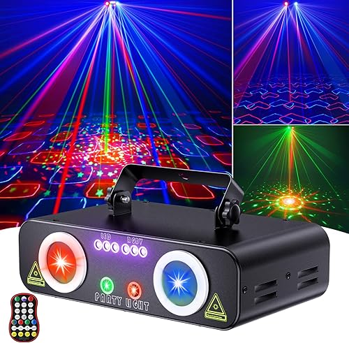 Ehaho Luz láser DJ 5 en 1, gráficos animados 3D, luces Lazer DJ con RGBUV y estroboscópico, DMX y control remoto, luces de discoteca para fiestas,