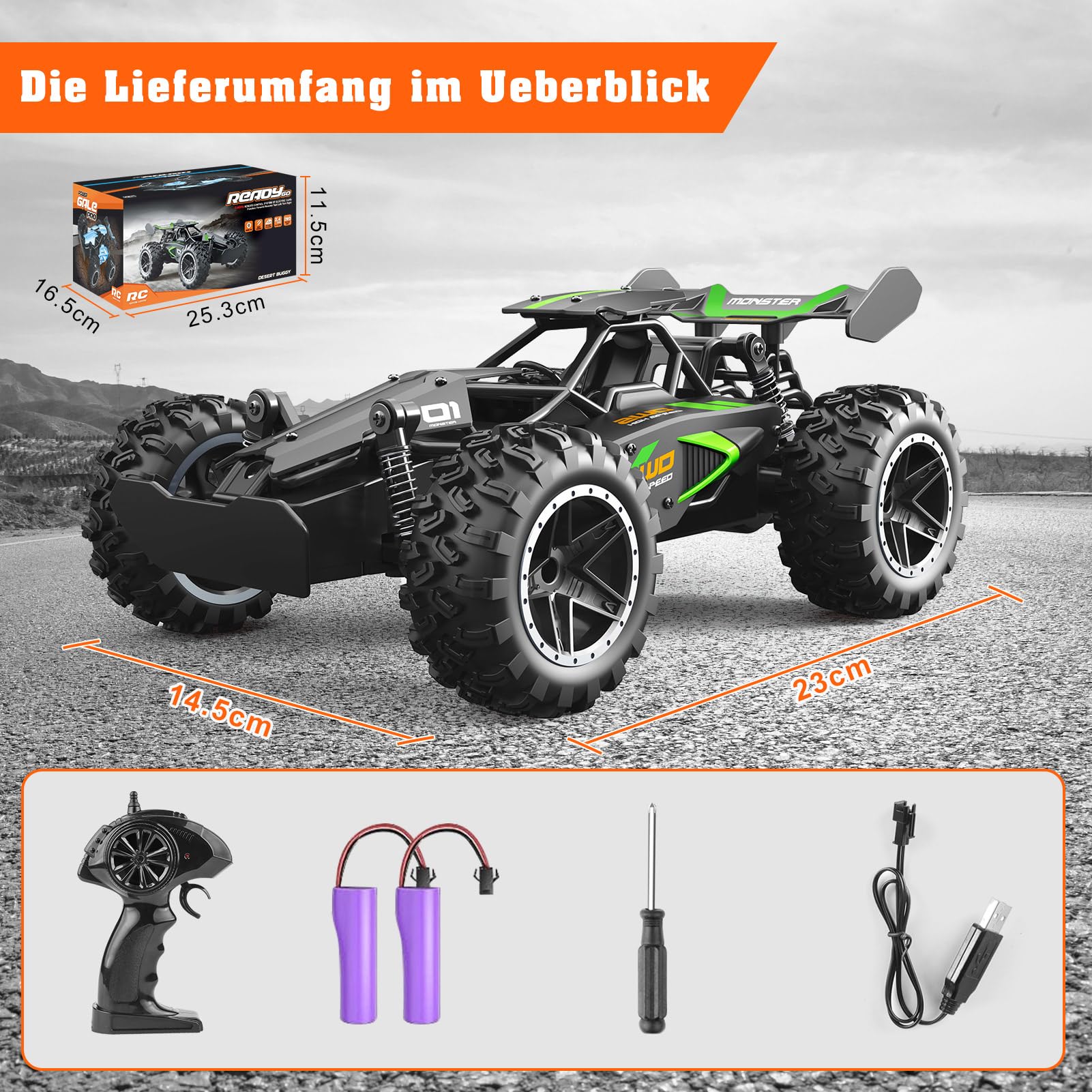 Yabtf Voiture Télécommandée 2.4GHz, Buggy 1:18 20km/h, Jouet Hors Route 40m, Rechargeable 2WD (Vert)