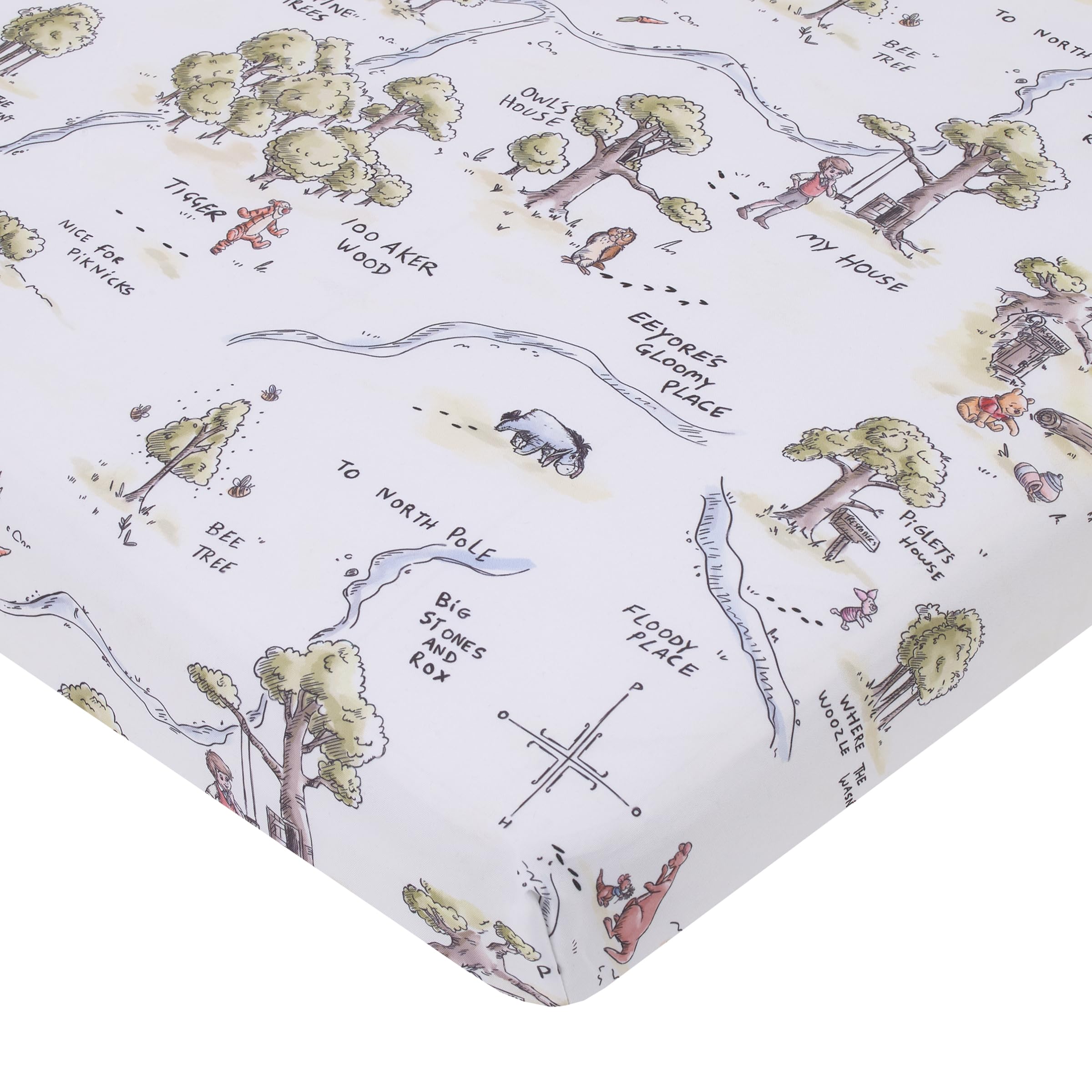 NoJoDisney Classic Winnie The Pooh Sage, Tan, and White, Map of 100 Acre Woods Super Soft Nursery Fitted Mini Crib Sheet