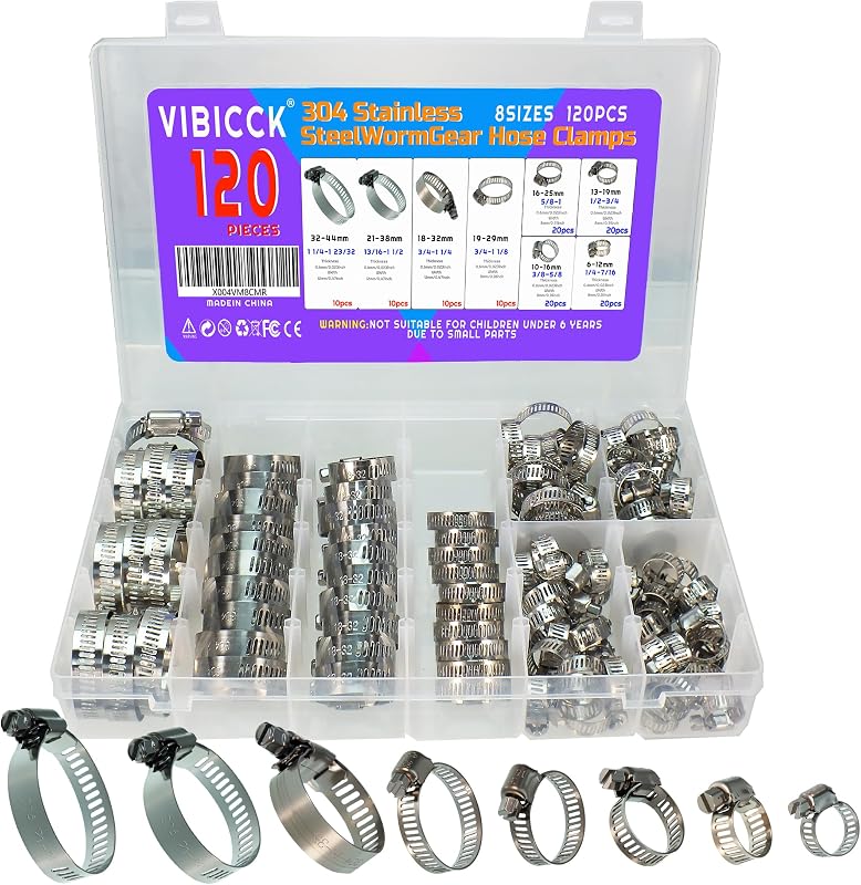 Kit com 120 Abraçadeiras de Mangueira VIBICCK em Aço Inoxidável 304, 6–44 mm