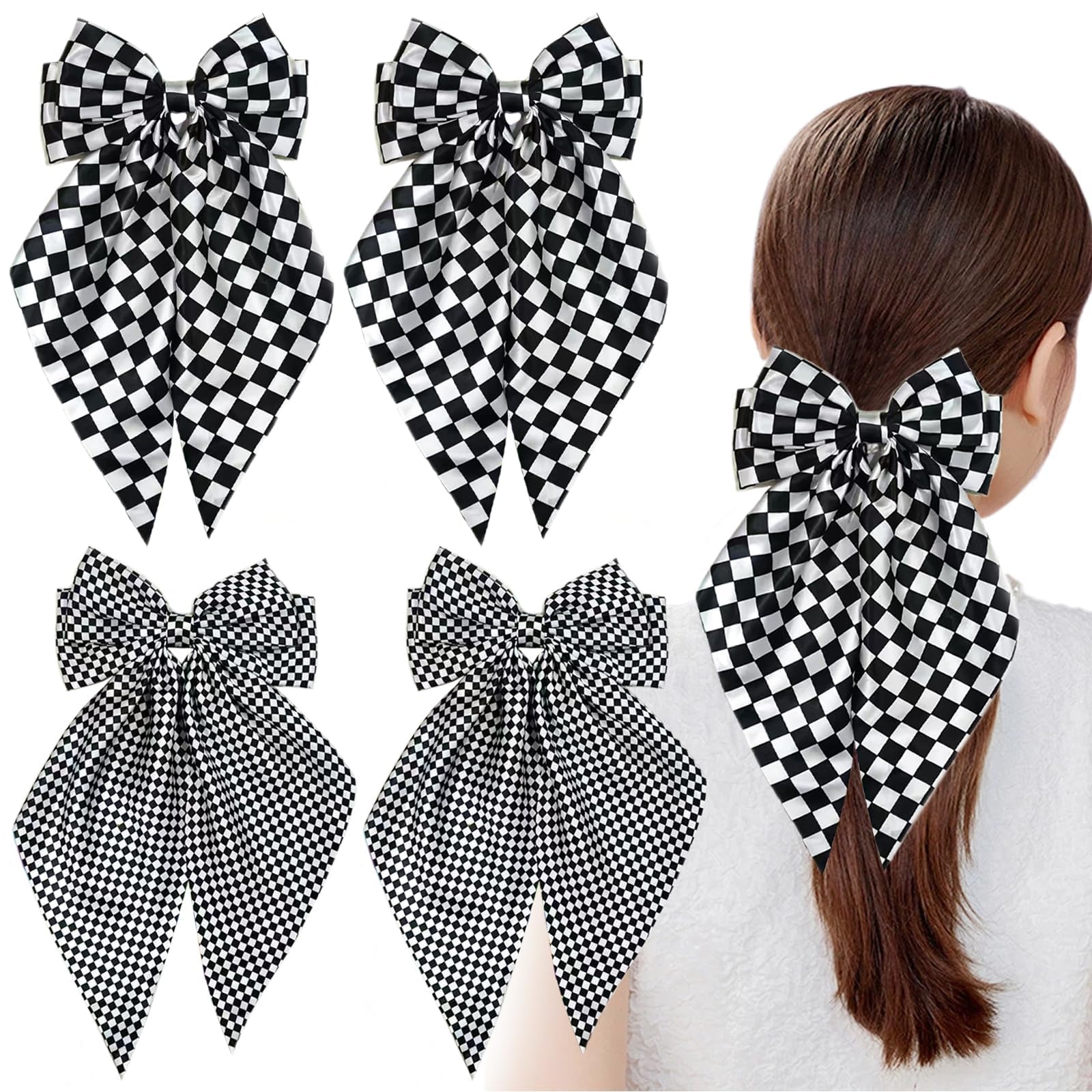 4 PCS Oversized Hair Bows for Women Girls Checkered Bow Hair Clips Large Black White Bowknot Barrettes Long Tail Vintage Headdress Fashion Ponytail Hairpin Metal Duckbill Clip Hair Accessories