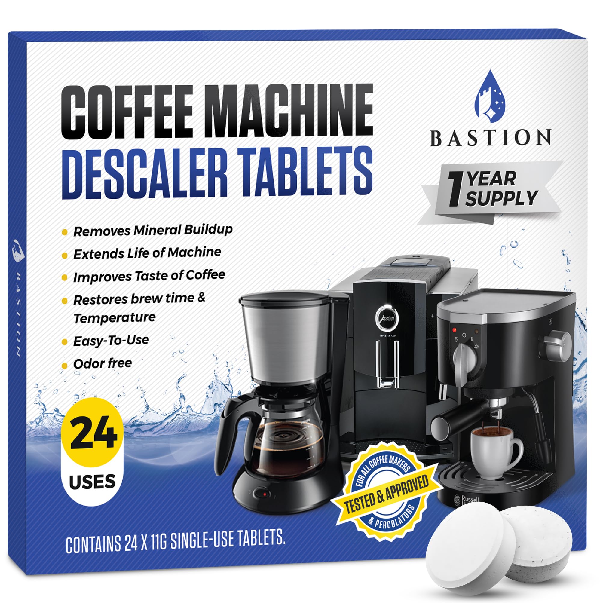 Coffee Machine Descaler Cleaner Tablets 24-Pack | For Keurig, Nespresso, Breville, De Longhi, Miele, Ninja, Braun | Clean & Descale Coffee Pot & Espresso Maker -Cleaning & Descaling Solution Tabs