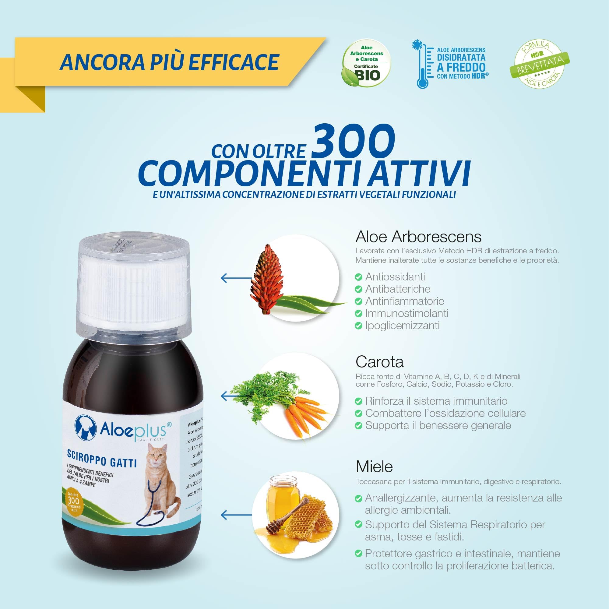 ALOEPLUS Gatti Sciroppo 100ml - Alimento Complementare Energetico, Disintossicante a base di Aloe Arborescens BIO, Rafforza le Naturali Difese, Ideale come ricostituente Gatto Anziano e Cuccioli