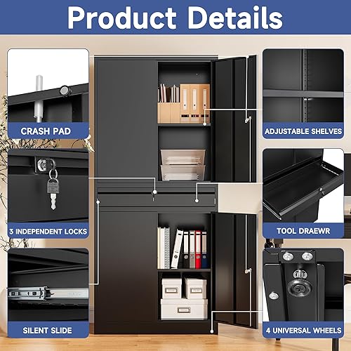 Miniatura 4 de Anxxsu Gabinete de almacenamiento de metal para garaje, armario de almacenamiento con cerradura de 71 pulgadas con 2 estantes ajustables y 1 cajón