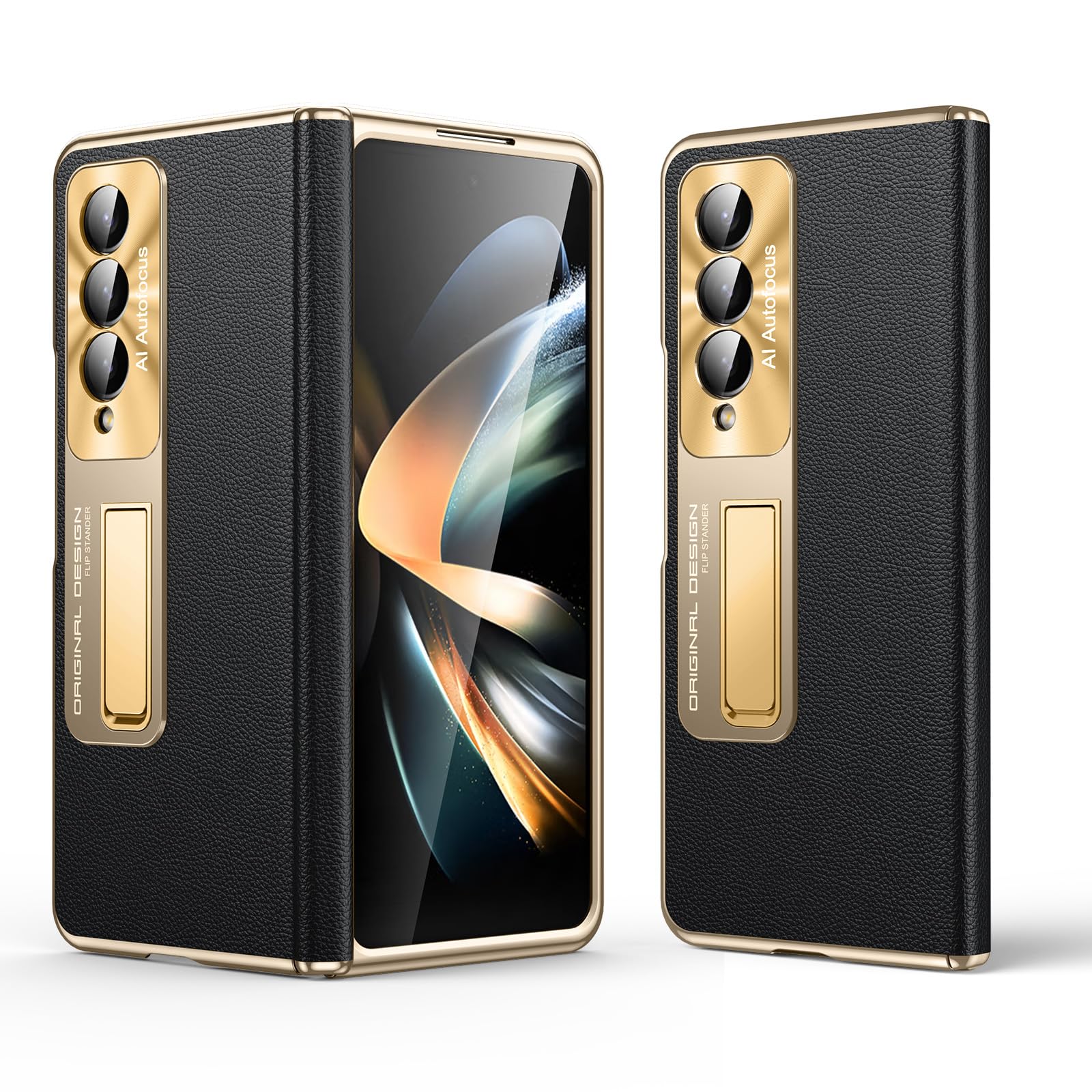 for Samsung Galaxy Z Fold 4 Case, Electroplated Frame, Luxury Leather Back, Full Magnetic Hinge Protective, Screen Protector, Metal Stand, Thin & Slim Stand Phone Cover 5G 2023, Black