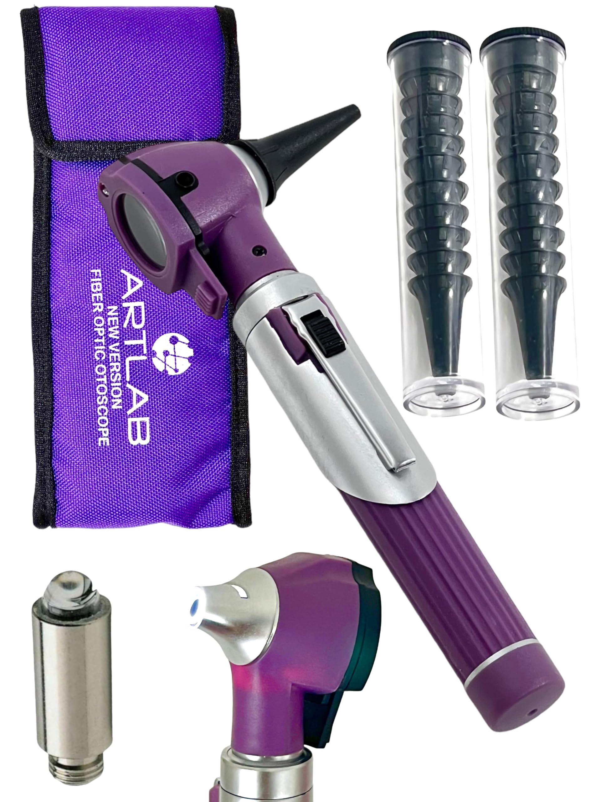 Compact Pocket Size Mini Otoscope with 2 Specula Tip Tubes, Extra Bulb, & Storage Pouch - Artlab (Purple)