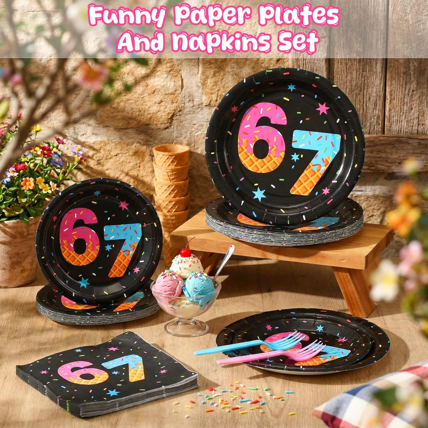 Hushee 96 Pcs 67 Ice Cream Plates and Napkins Sets 67 Meme Party Supplies Ice Cream Party Plates and Napkins Sport Decoration for Team Gift Birthday Camping Baby Shower (Blue and Pink)