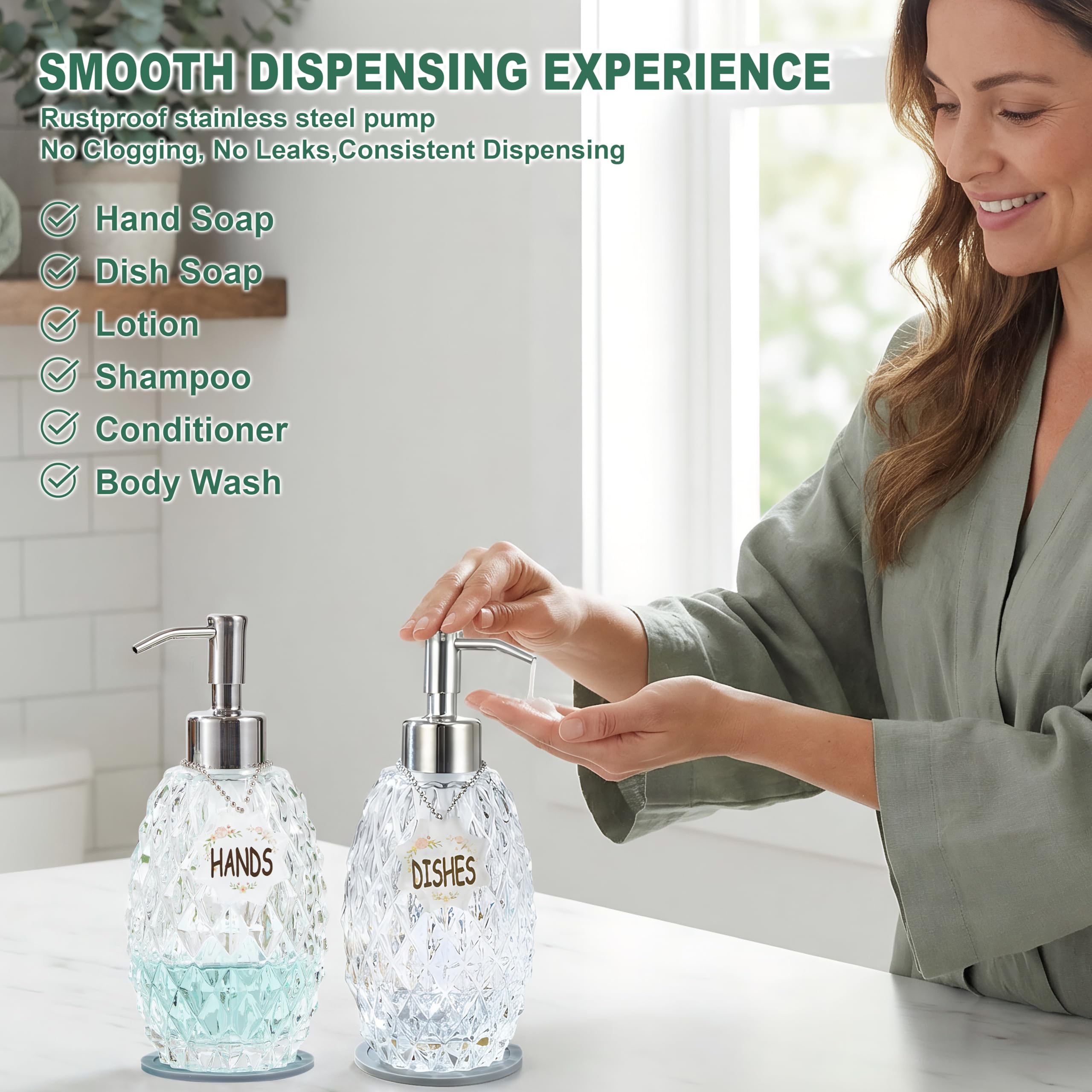 Malachi Juego de dispensador de jabón, Vidrio de Diamante con Textura de Cristal con Bomba de Acero Inoxidable Inoxidable, dispensador de jabón de Manos y Platos de Doble Etiqueta para Cocina y baño