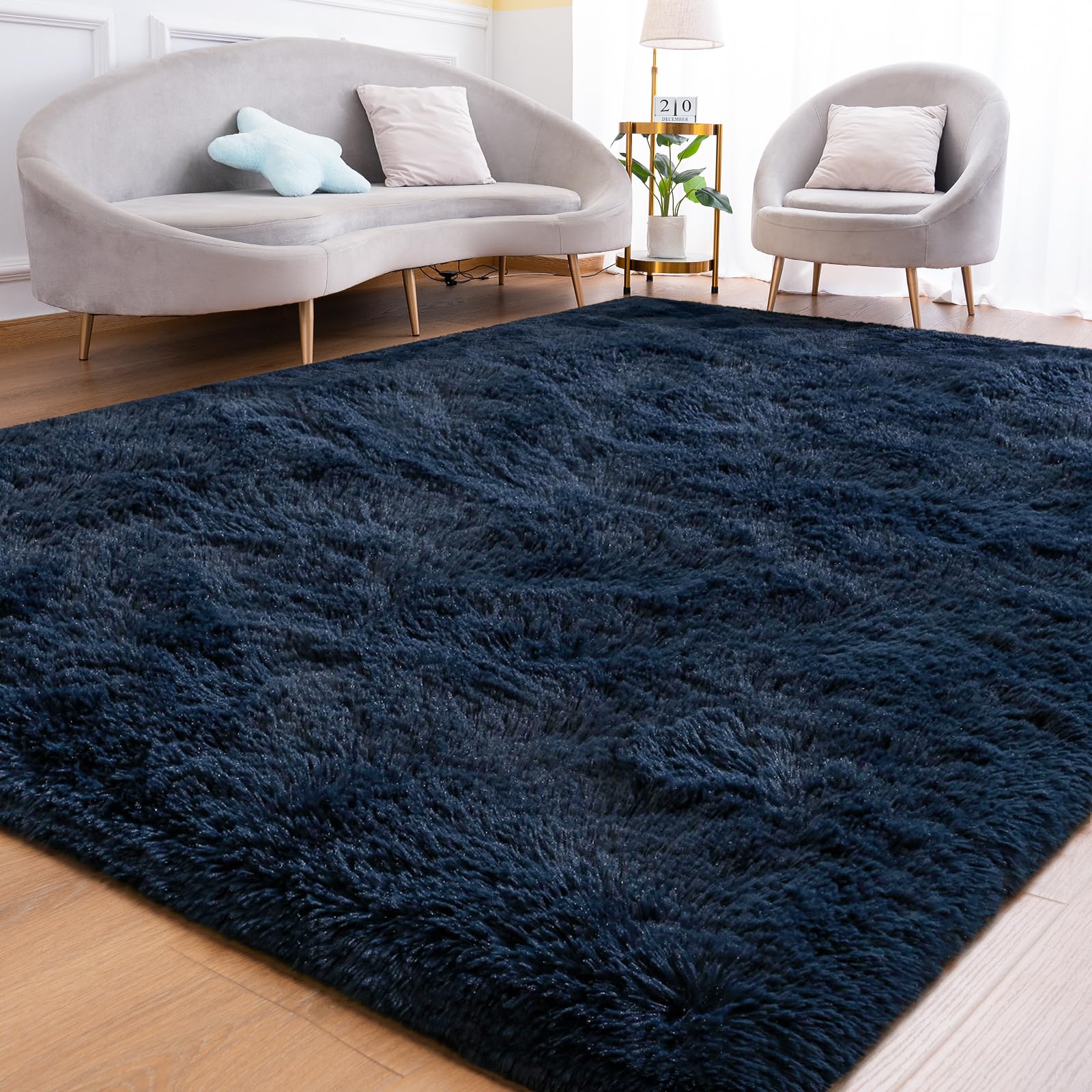Goideal Fluffy Rug for Bedroom Living Room, 3x5 Navy Blue Area Rugs, Faux Fur Shag Modern Carpet Ultra Soft Girls Boys Room Home Decor, Solid