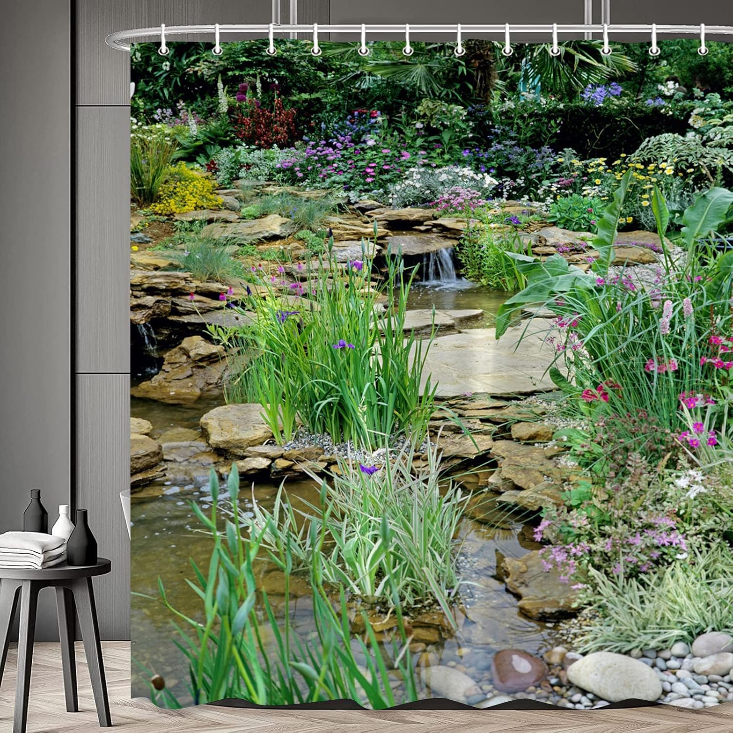 Garden Landscape Shower Curtain Spring Summer Colorful Flowers Green Plant Bathroom Curtains Floral Nature Scenic Rustic Country Bathtub Decor with Hooks 108 x 70 in
