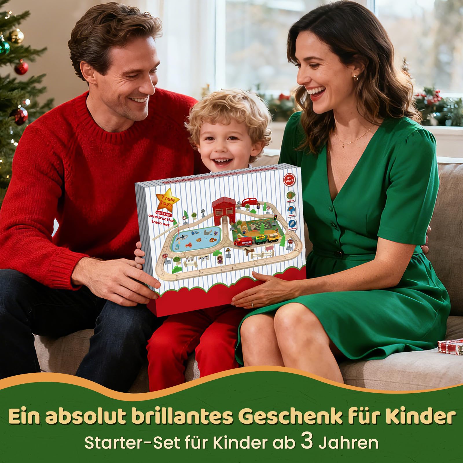 Eisenbahn Holz Set, 100 Stück Holzeisenbahn Schienen Bauernhof Thema holzschienen Eisenbahn mit Kleiner Zug, Teich, kleine Tiere für Jungen und Mädchen von 3+ Jahren