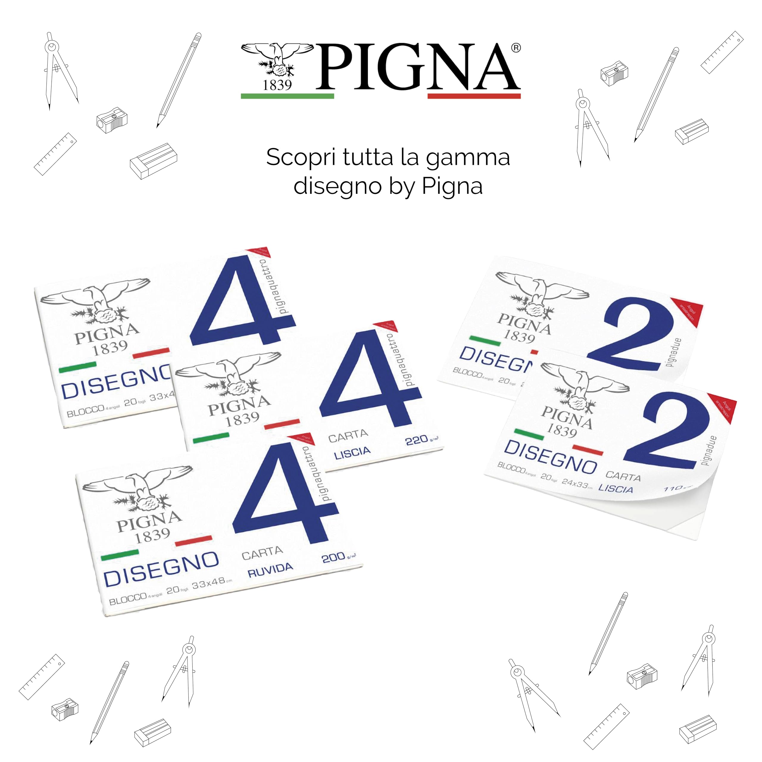 Pigna, Blocco da Disegno PignaDue con 4 angoli, Formato 24x33 cm., 20 Fogli da 110 g/m², Perfetto per Disegni e Schizzi, Carta Ruvida, confezione 1 pezzo