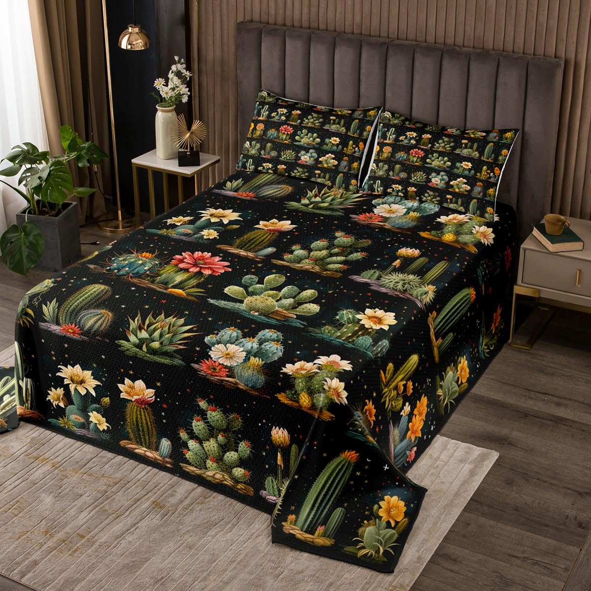 Erosebridal Boho Floral Cactus Queen Quilt Set,Green Plant Botanical Flower Bedspread for Kids Girls Boys,Colorful Flowers Succulent Bedding Set Watercolor Quilts Bed Set 3Pcs