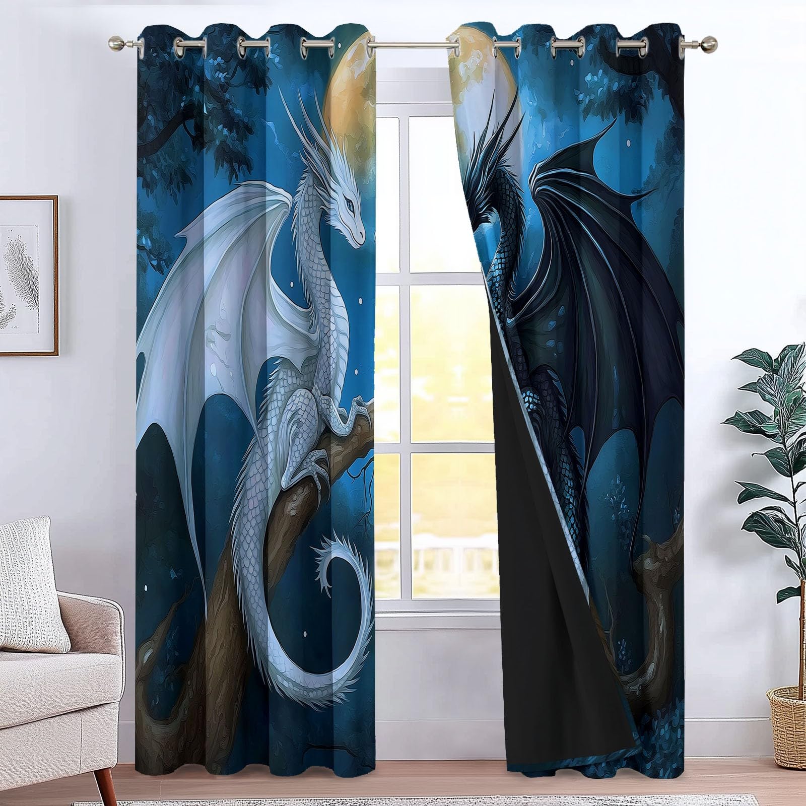214 x 91.5 cm Vorhang Blickdicht 2er Set Himmelblau, Fantasy-Spiel Drache Gardinen Ösen Abdunkelnde Vorhänge Wohnzimmer Schlafzimmer, Fenster Gardine Verdunkelung Thermovorhang Hitzeschutz