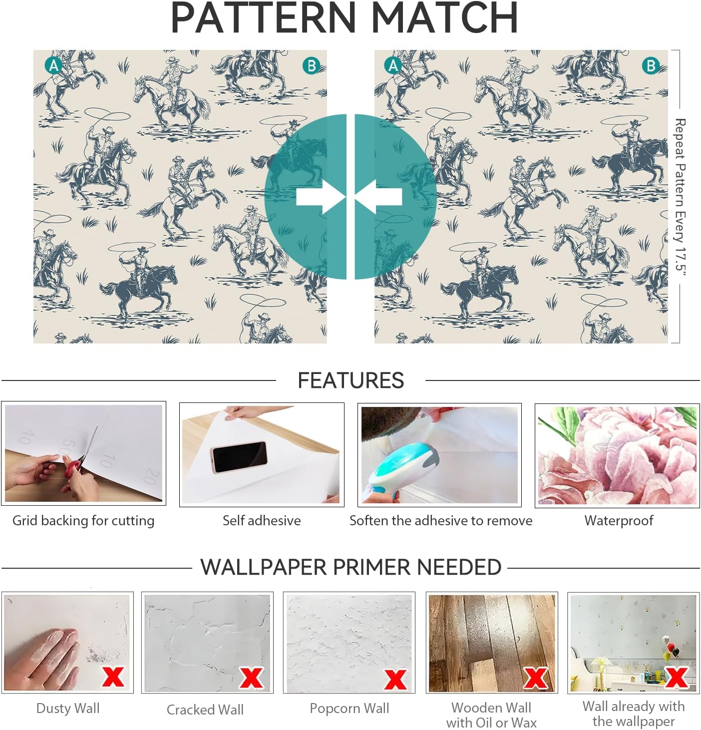 17.5x393" Western Peel and Stick Wallpaper Cowboy Designs Cottage Core Farmhouse Vintage Horse Wallpaper for Walls Bathroom Boy Nursery Renter Friendly Western Contact Paper Self Adhesive