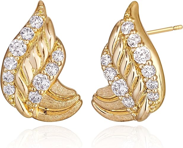 FETTERO Stud Earrings for Women - 14K Gold Plated CZ Hypoallergenic Earrings Studs Dainty Black CZ Leaf Gold Earrings for Women Trendy Statement Jewelry