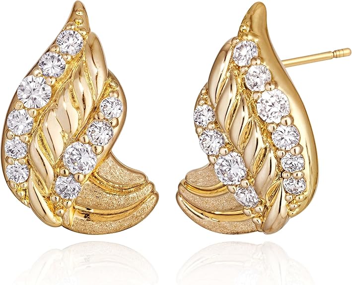 FETTERO Stud Earrings for Women - 14K Gold Plated CZ Hypoallergenic Earrings Studs Dainty Black CZ Leaf Gold Earrings for Women Trendy Statement Jewelry
