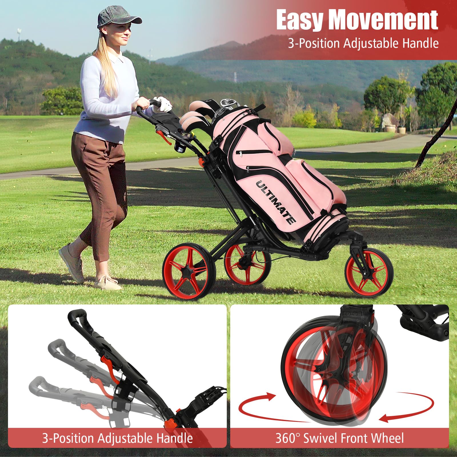 ULTIMATE Golf Push Cart, Foldable Golf Trolley w/360° Swivel Front Wheel, Drink Holder, Scoreboard, Lightweight Walking Golf Cart with Brake Wheels & Adjustable Handle (Red)