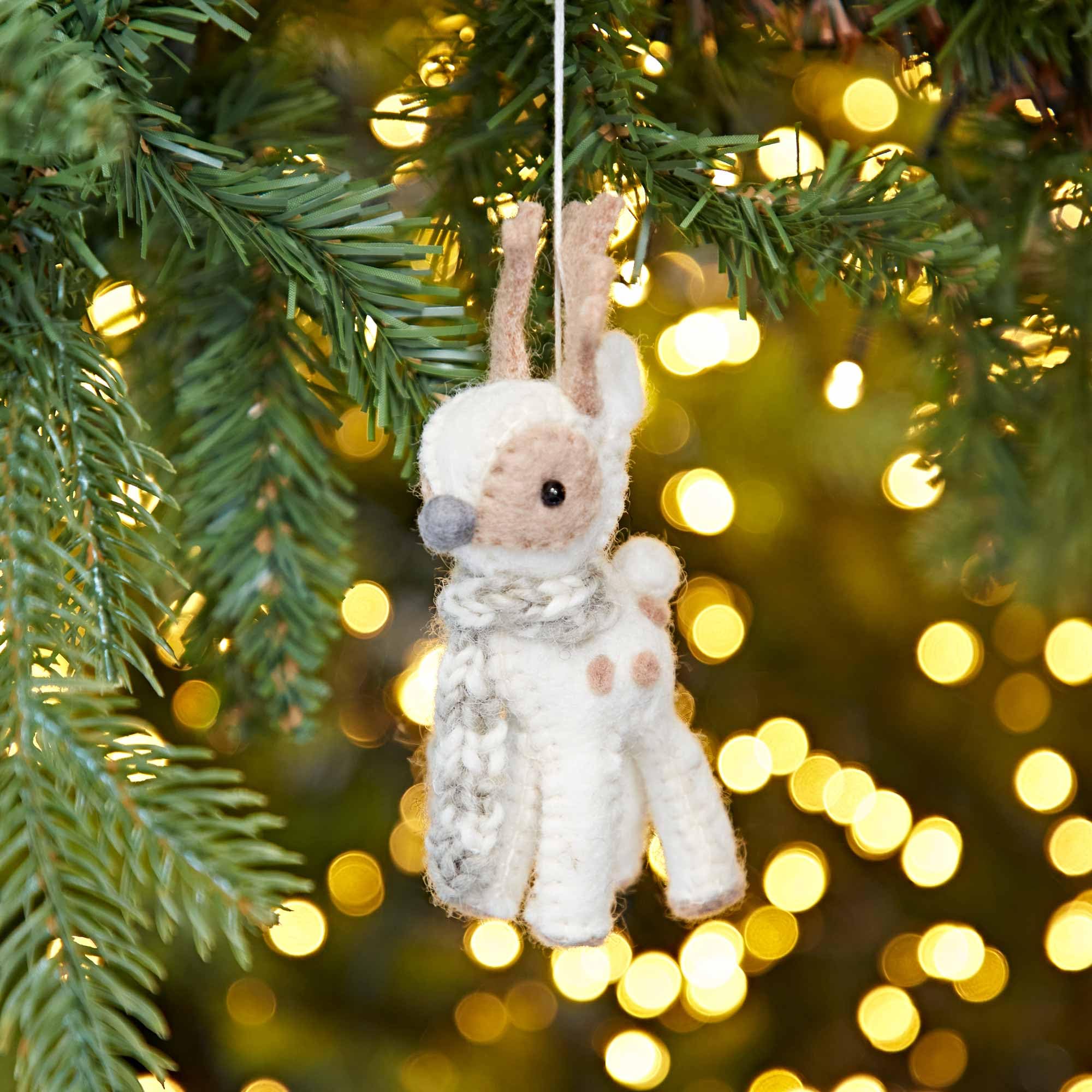 Paper High Women's White Felt Reindeer Christmas Decoration - Felted Ornament - Wool Christmas Bauble - Felt Handmade Xmas Décor - Classic Tree Ornament (White)
