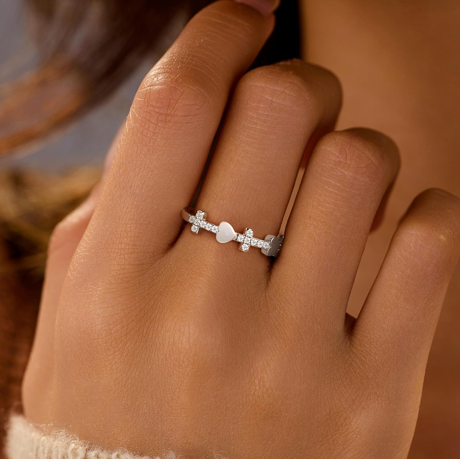 925 Sterling Silver Cross Rings for Women Cubic Zirconia Faith Hope Christian Rings Heart Ring Promise Rings for Her Purity Ring Mothers Ring Religious Jewelry Easter Baptism Christian Gifts - Image 2