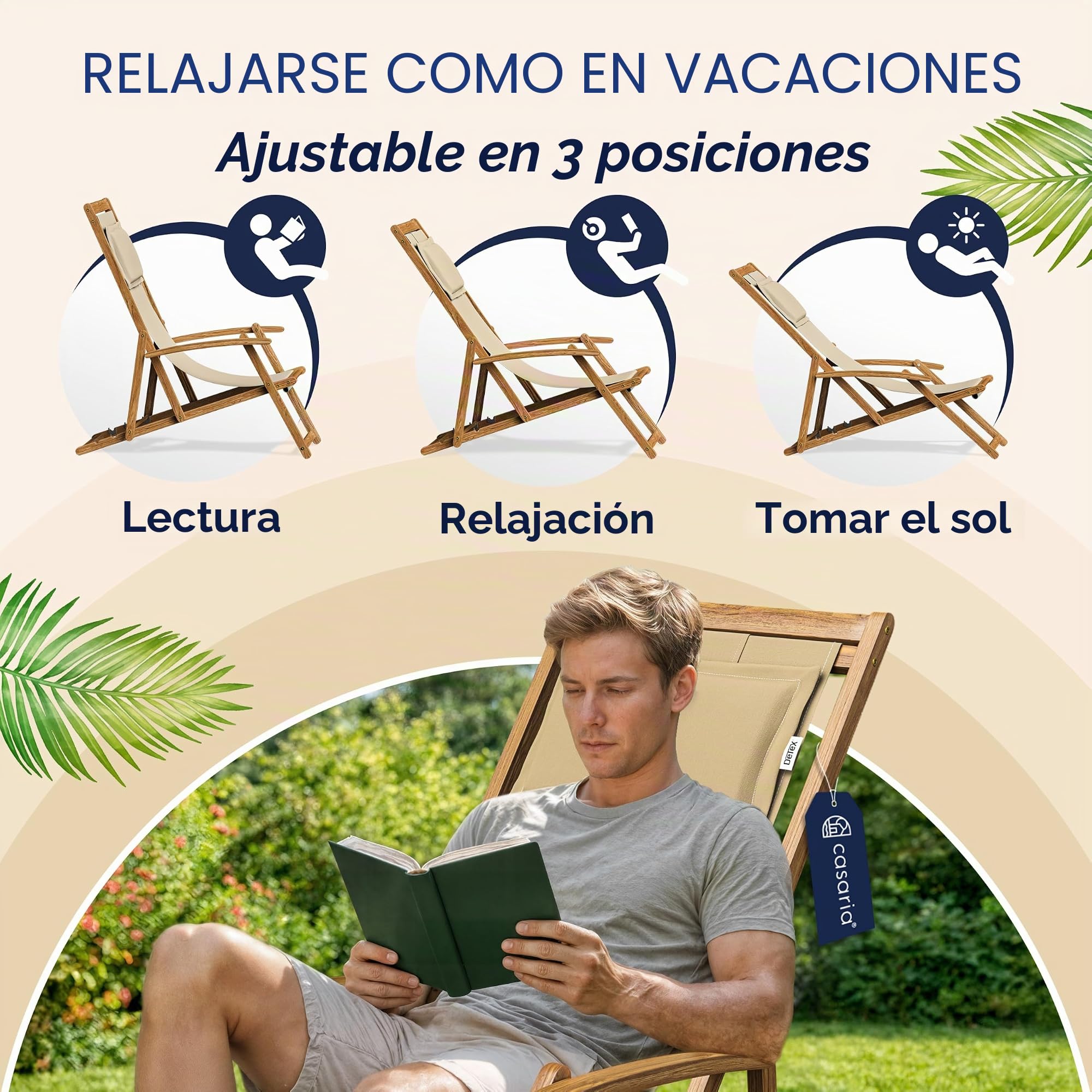 CASARIA® Tumbona Silla de Madera de Acacia Plegable 3 Posiciones Carga 160KG 94x94x60cm Sillas Jardín Playa Transpirable Hamaca Mueble Camping Exterior Beige Reposabrazos