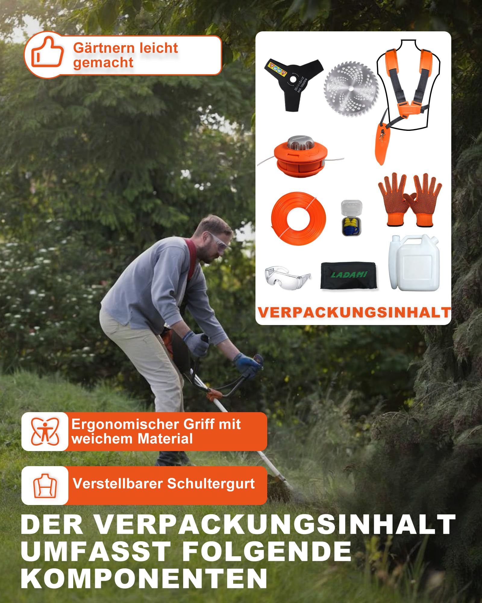 Benzin Motorsense 52cc 2-Takt Rasentrimmer – 2-in-1 Multifunktion 3 PS Einzylinder-Motor mit 3-Zahn-Messer & Nylonschnur-Spule, Leistungsstark & Zuverlässig für Garten und Feld